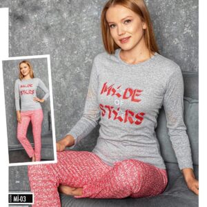 Pijamale  din bumbac 100% pentru dama,bluza GRI cu imprimeu  STARS,  pantalonii model drept jos, COD: LIL-88
