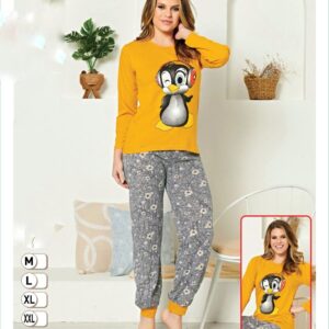 Pijamale  din bumbac 100% pentru dama,bluza GALBEN cu imprimeu  PINGUIN,  pantalonii model cu manseta  jos, COD: PFB8775