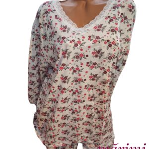 Pijamale damă din bumbac , MARIMI MARI-BLUZA cu imprimeu FLORI ROSII  si pantalon lung COD produs : PFRM86