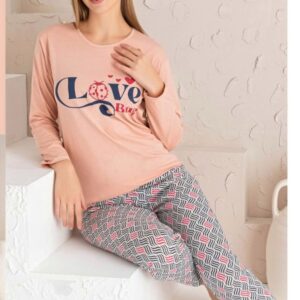 Pijamale damă din bumbac ,BLUZA  ROZ PUDRA cu imprimeu si pantalon lung COD produs : PFR136