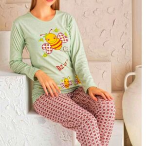Pijamale damă din bumbac ,BLUZA VERDE cu imprimeu ALBINUTE si pantalon lung COD produs : PFR131
