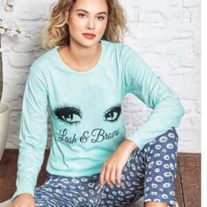 Pijamale damă din bumbac ,BLUZA VERDE cu imprimeu si pantalon lung COD produs : PFR126