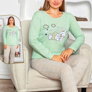 Pijamale dama ,MARIMI MARI- BLUZA VERDE cu imprimeu URSULET si pantalon lung COD produs : PFRM 507